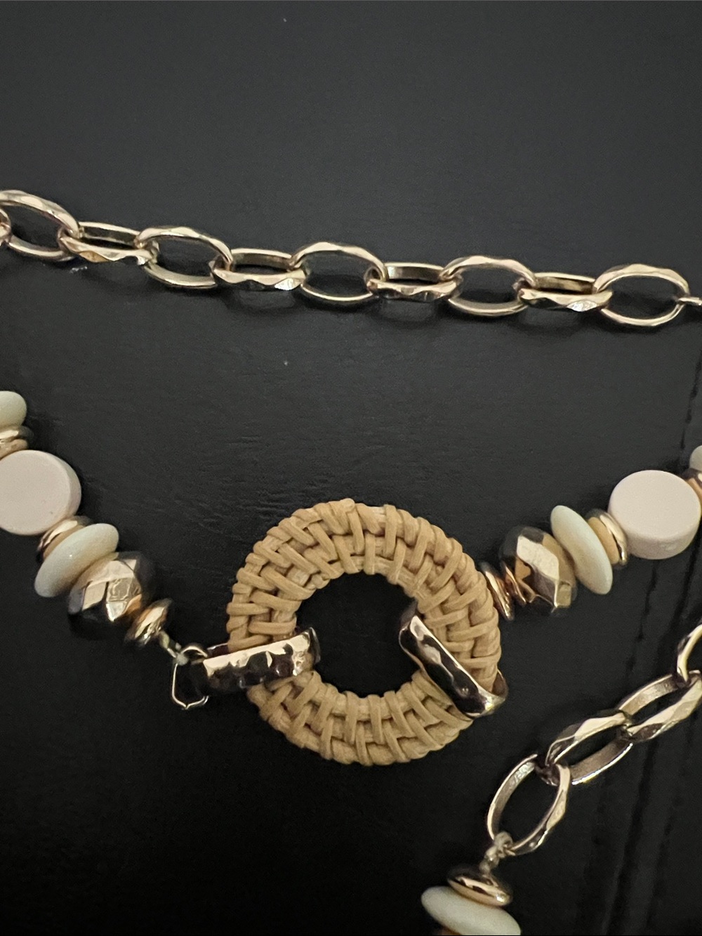 Gold and Cream Long Link Necklace with Woven Circle Accents - Picture 3 of 5